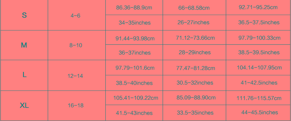 Women's Retro Swimsuit Size chart