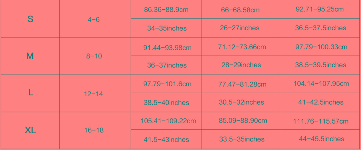 Size chart for women swimsuits