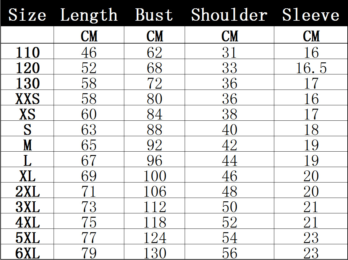 Men's T-shirt sizing chart for T-Shirts