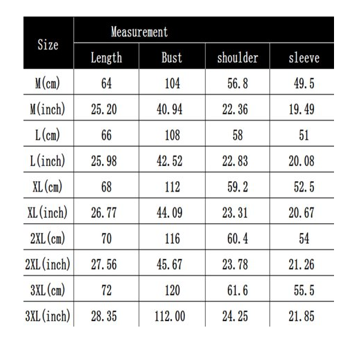 Men's winter hoodie Sizing chart