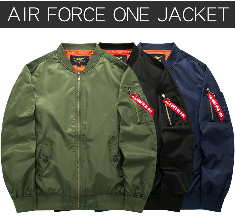 Men's bomber Jacket Red, Blue, Army Green and black colors for this Men's Sports and Leisure Stand Collar Jacket Air Force MA01 Pilot