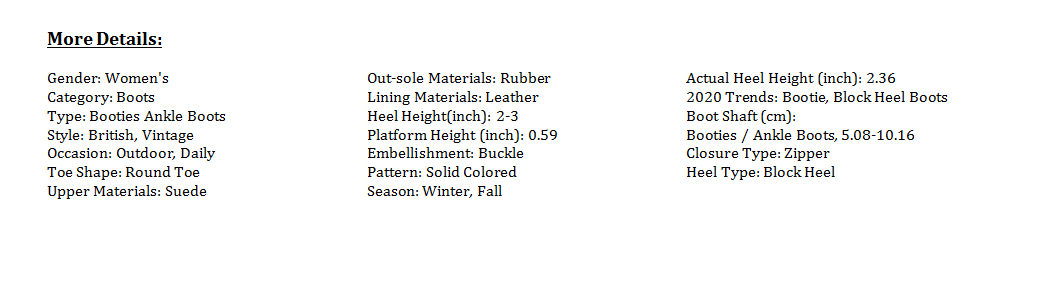 Women's High Heel  block heal winter boot detailed specifications