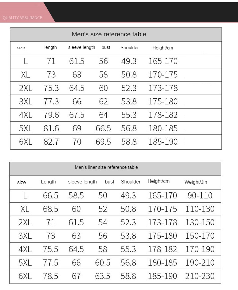 sizing chart for Men's winter jacket