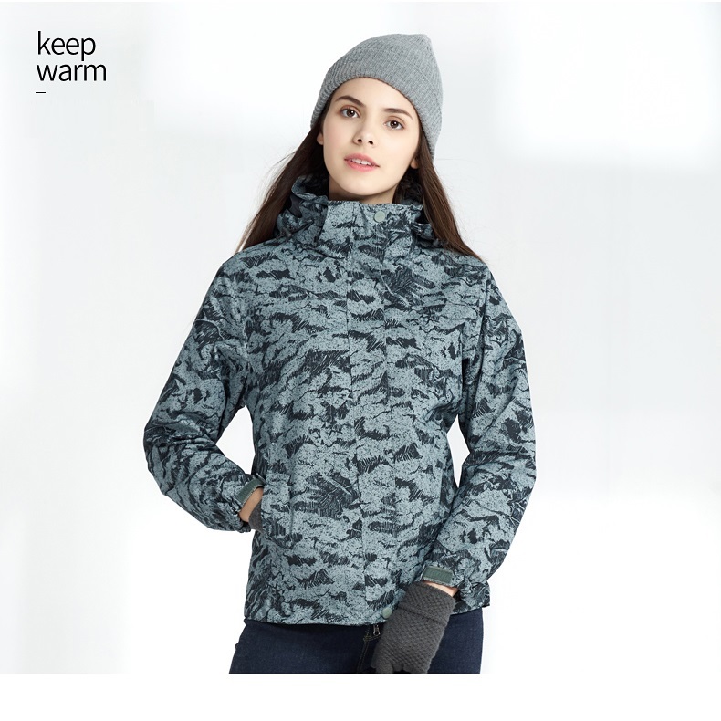 Women's winter jacket grey camouflage outer shell and fleece lined coat