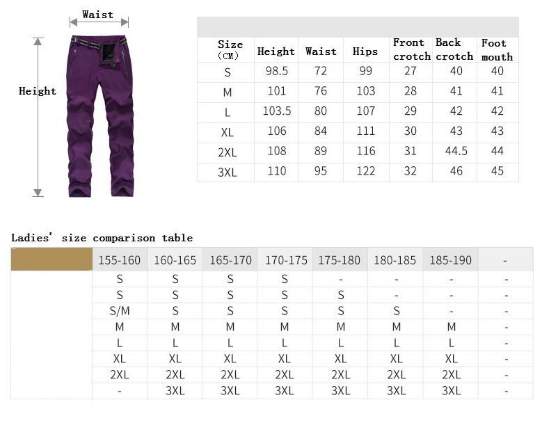 Women's lined pants fleece lined windproof & waterproof sizing chart