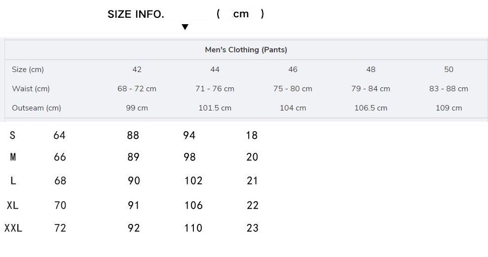 Men's Sports pants Sizing chart