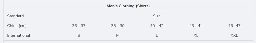 Men's T-Shirt 3D size conversion chart