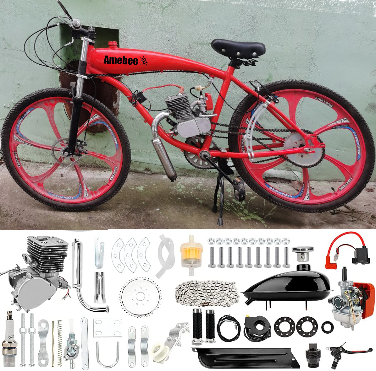 Bicycle Engine Kits 110cc 2-Stroke Gas Motor Bike Bicycle Motorized Full Set Super Fuel-efficient for Most 26"/28"Bikes Bicycle Scooter